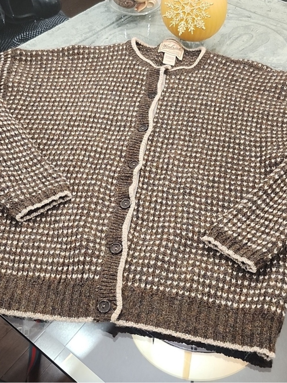 Woolrich Women's Vintage Heavy Wool Brown and Cream Women's Cardigan Sweater XL